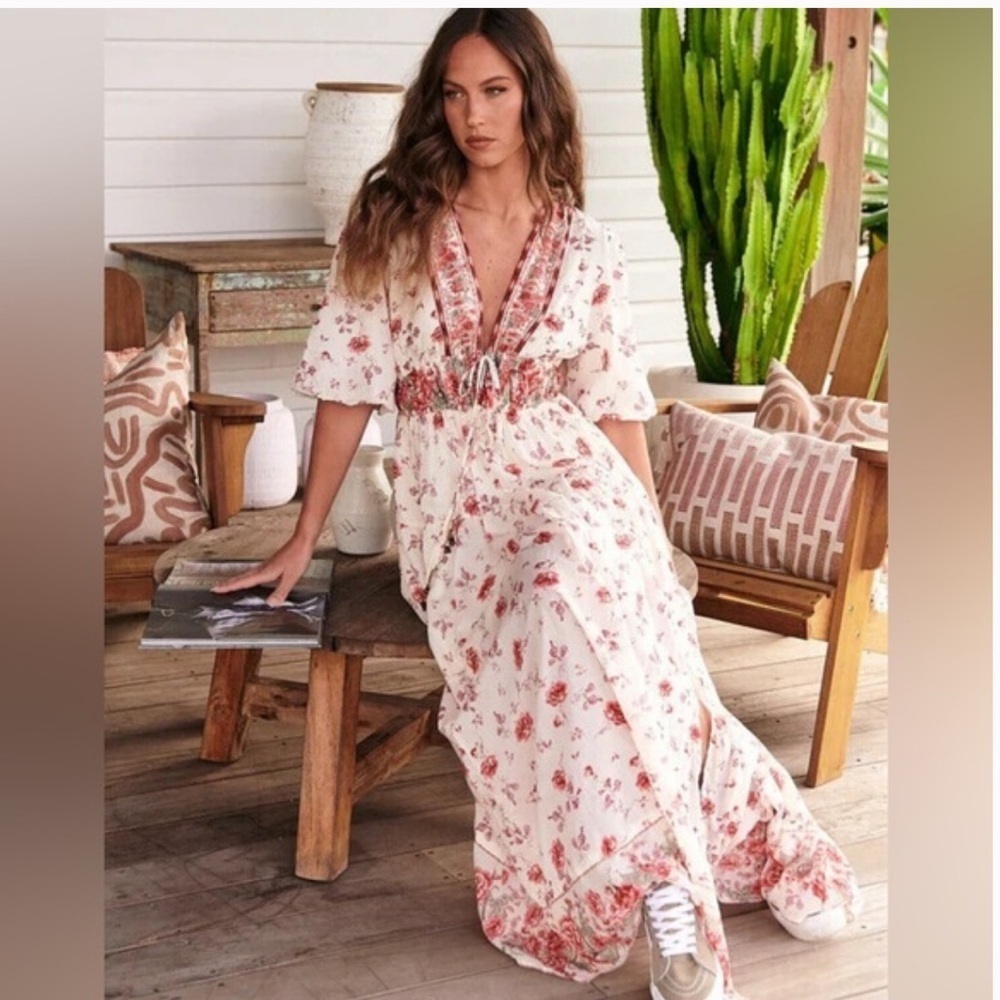 Free People Lysette Floral Maxi Dress Boho Cottagecore Tie Front XS - Picture 3 of 9